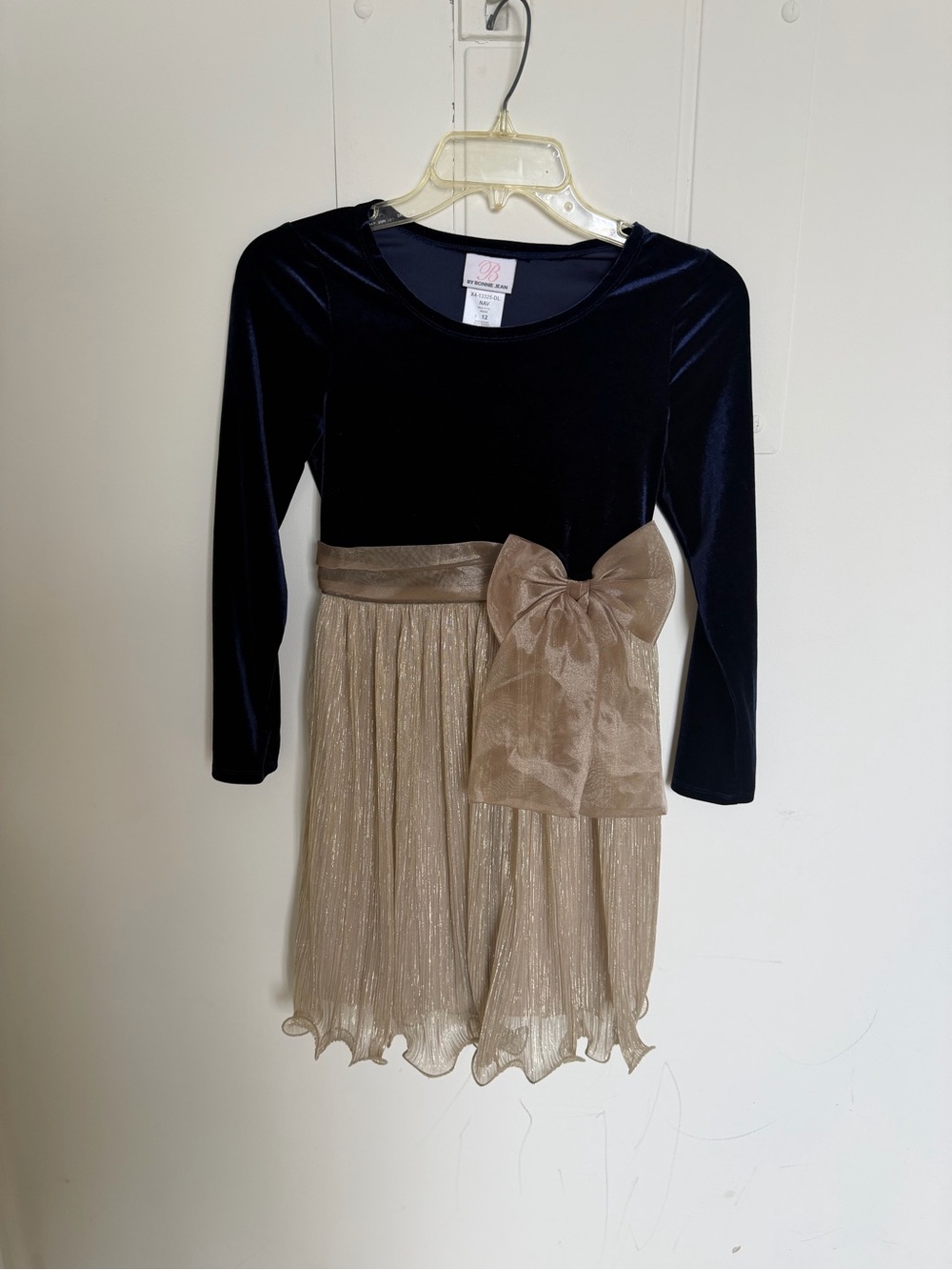 Bonnie Jean Navy Velvet Top with Gold Shimmer Skirt & Bow